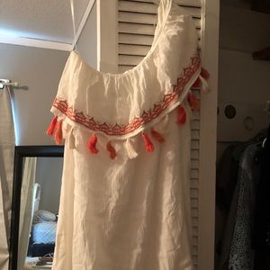 Cream Off the shoulder dress with orange tassels